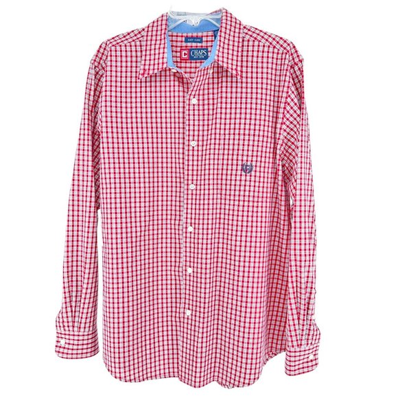 Chaps Easy Care Dress Shirt Mens L Red Plaid Button Down Collar LS - Picture 1 of 10